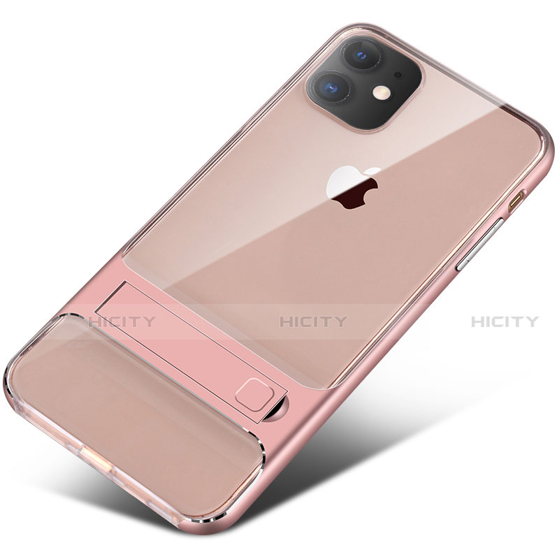 Coque Contour Silicone et Plastique Housse Etui Mat avec Support A06 pour Apple iPhone 11 Or Rose Plus