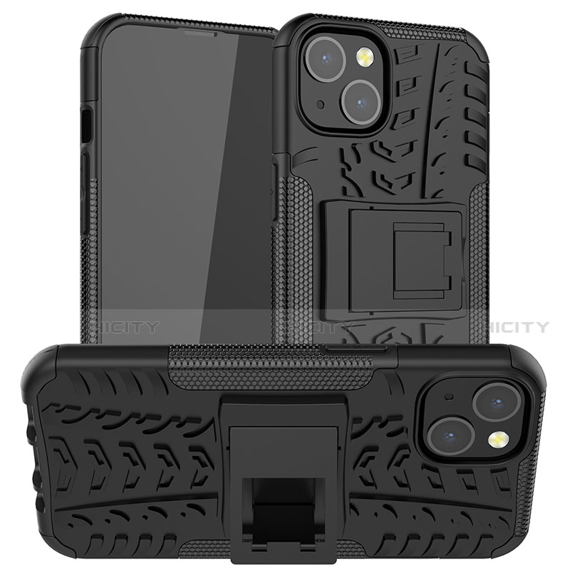 Coque Contour Silicone et Plastique Housse Etui Mat avec Support A07 pour Apple iPhone 13 Mini Noir Plus