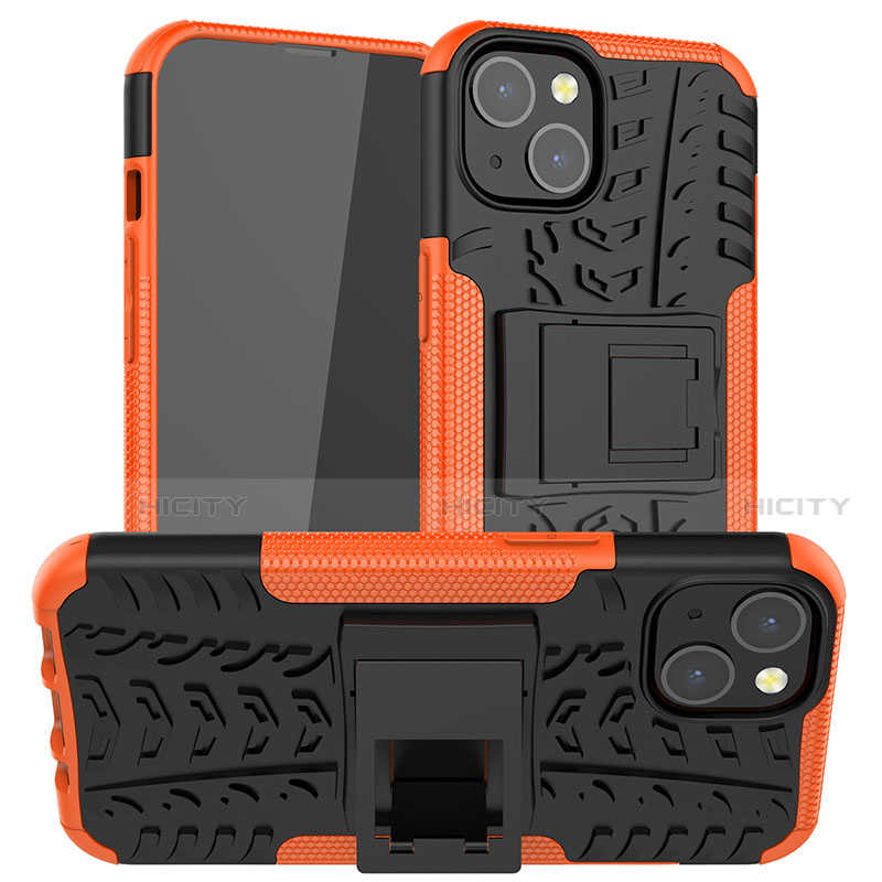 Coque Contour Silicone et Plastique Housse Etui Mat avec Support A07 pour Apple iPhone 13 Mini Orange Plus