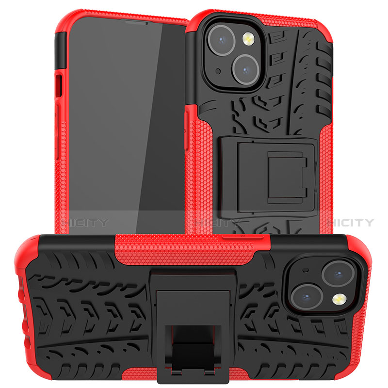 Coque Contour Silicone et Plastique Housse Etui Mat avec Support A07 pour Apple iPhone 13 Mini Rouge Plus