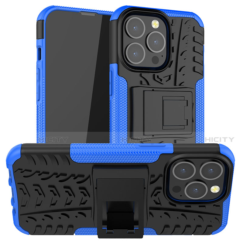 Coque Contour Silicone et Plastique Housse Etui Mat avec Support A07 pour Apple iPhone 13 Pro Max Bleu Plus