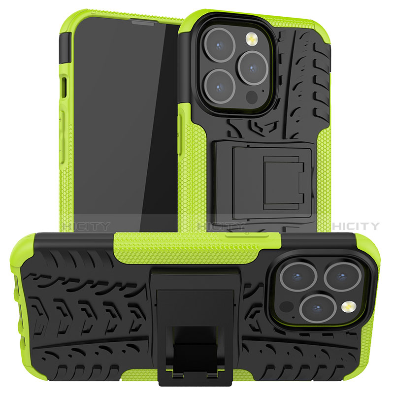 Coque Contour Silicone et Plastique Housse Etui Mat avec Support A07 pour Apple iPhone 13 Pro Max Vert Plus