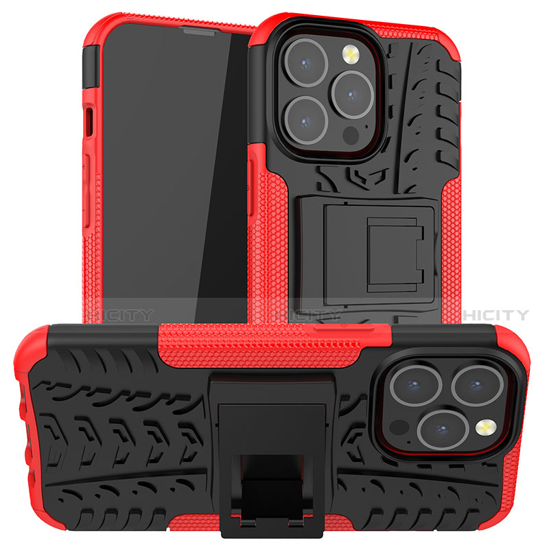 Coque Contour Silicone et Plastique Housse Etui Mat avec Support A07 pour Apple iPhone 13 Pro Rouge Plus