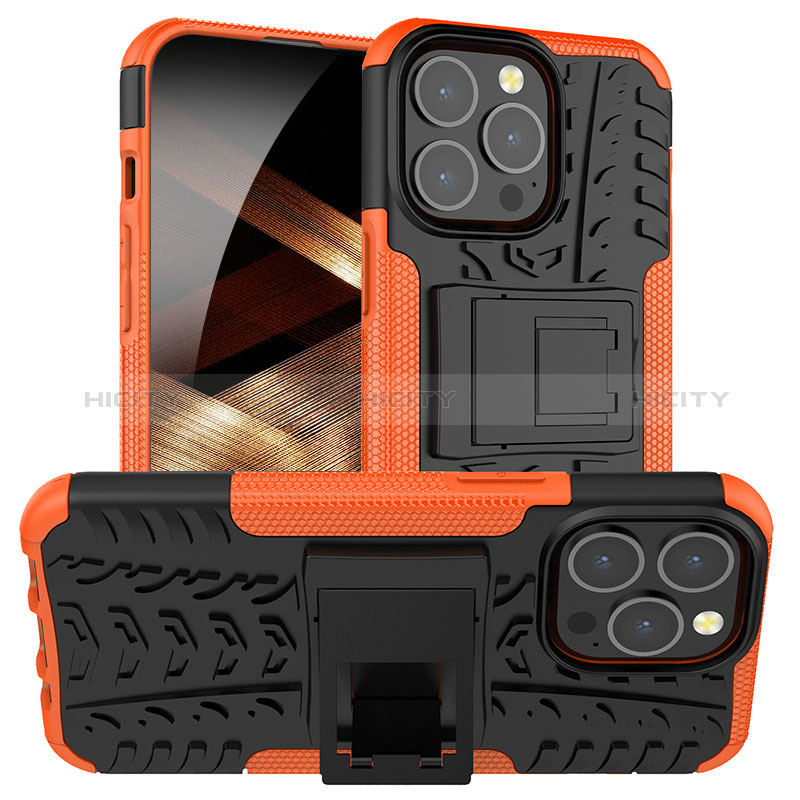 Coque Contour Silicone et Plastique Housse Etui Mat avec Support A07 pour Apple iPhone 14 Pro Max Orange Plus