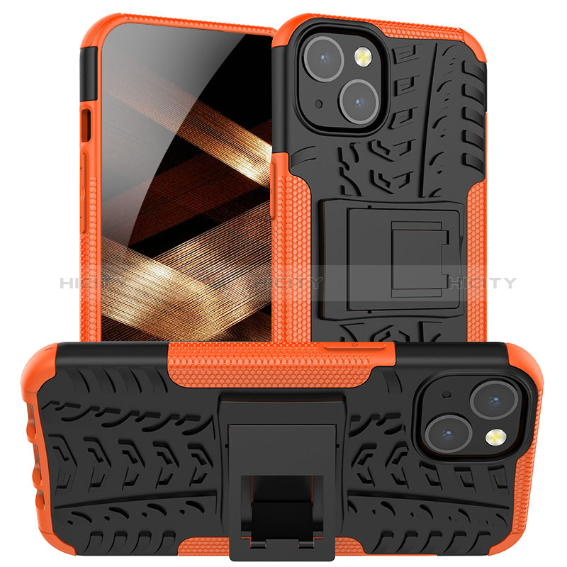 Coque Contour Silicone et Plastique Housse Etui Mat avec Support A07 pour Apple iPhone 15 Orange Plus