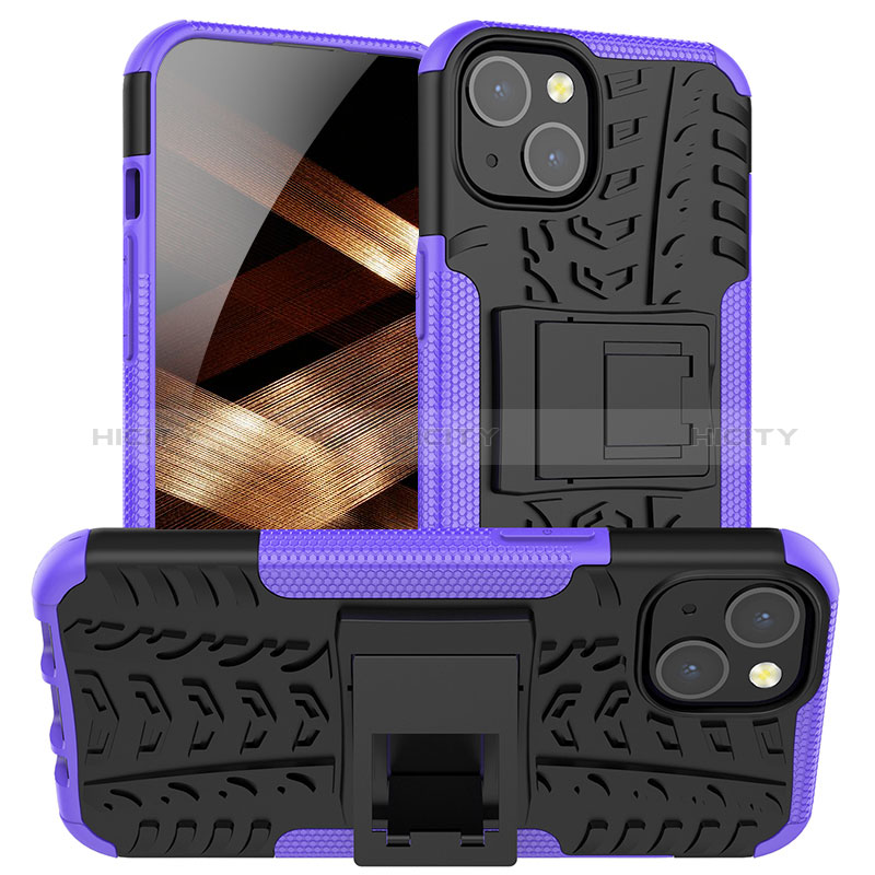 Coque Contour Silicone et Plastique Housse Etui Mat avec Support A07 pour Apple iPhone 15 Plus Violet Plus