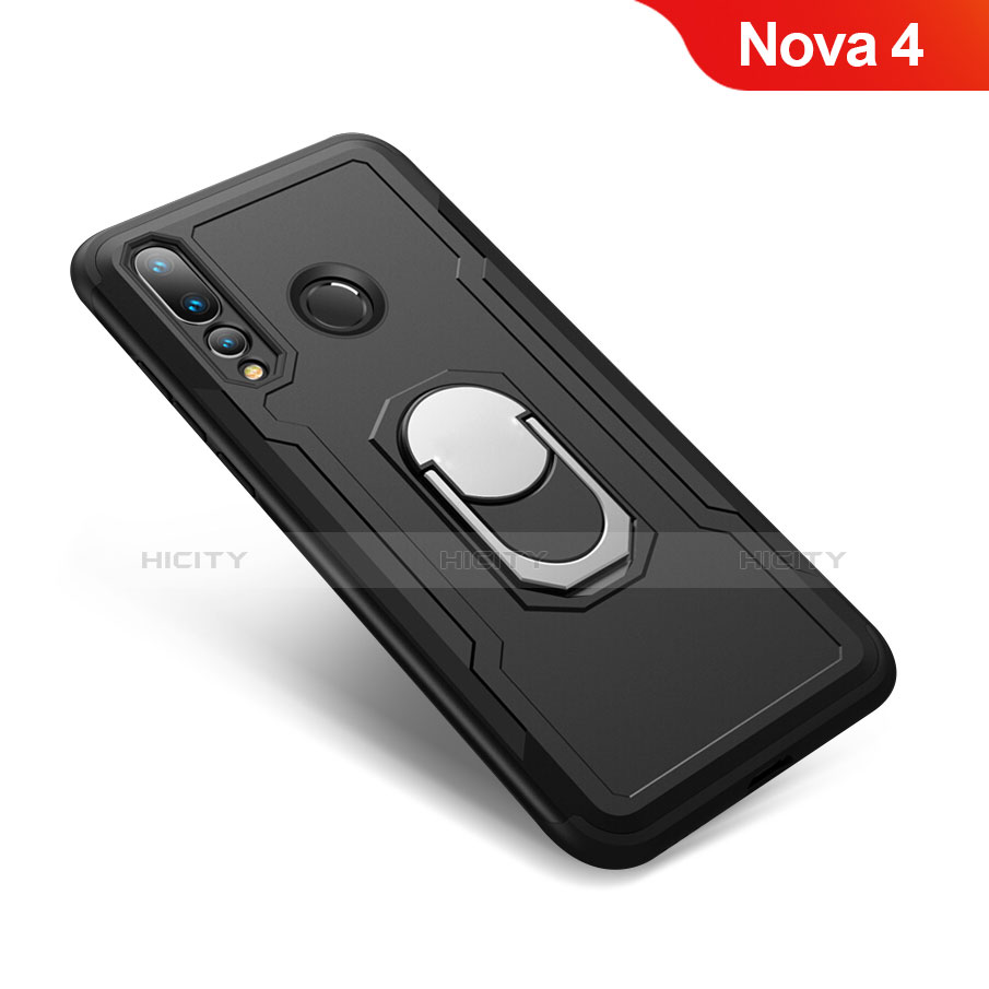 Coque Contour Silicone et Plastique Housse Etui Mat avec Support Bague Anneau A01 pour Huawei Nova 4 Noir Plus