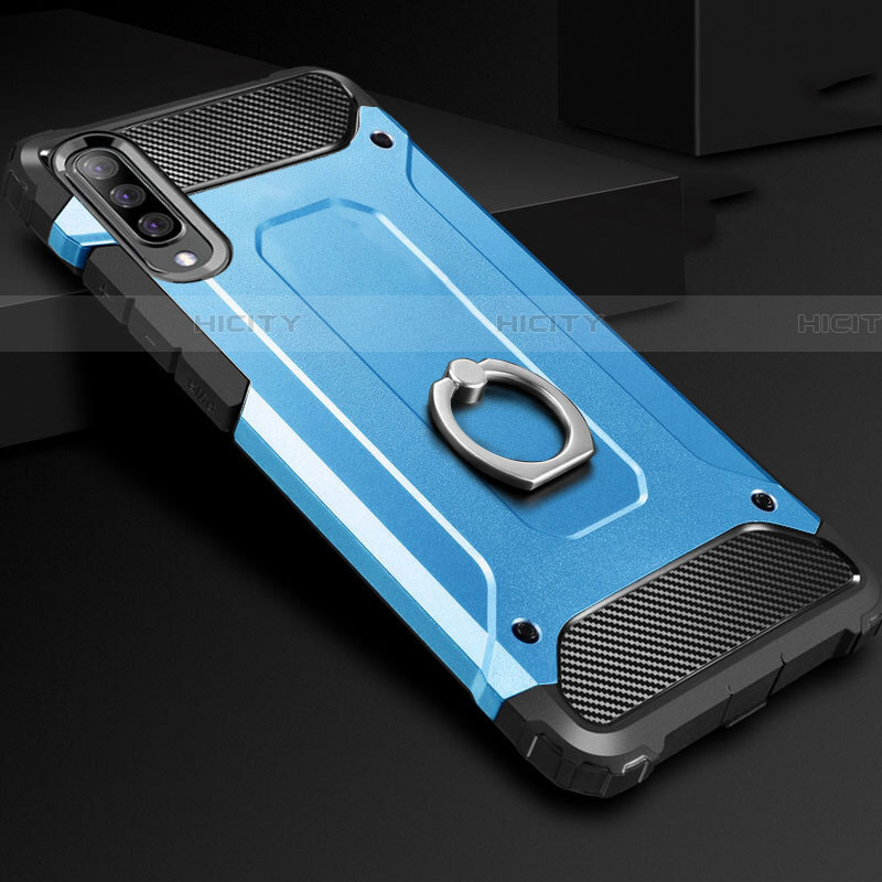 Coque Contour Silicone et Plastique Housse Etui Mat avec Support Bague Anneau H01 pour Samsung Galaxy A70S Bleu Ciel Plus