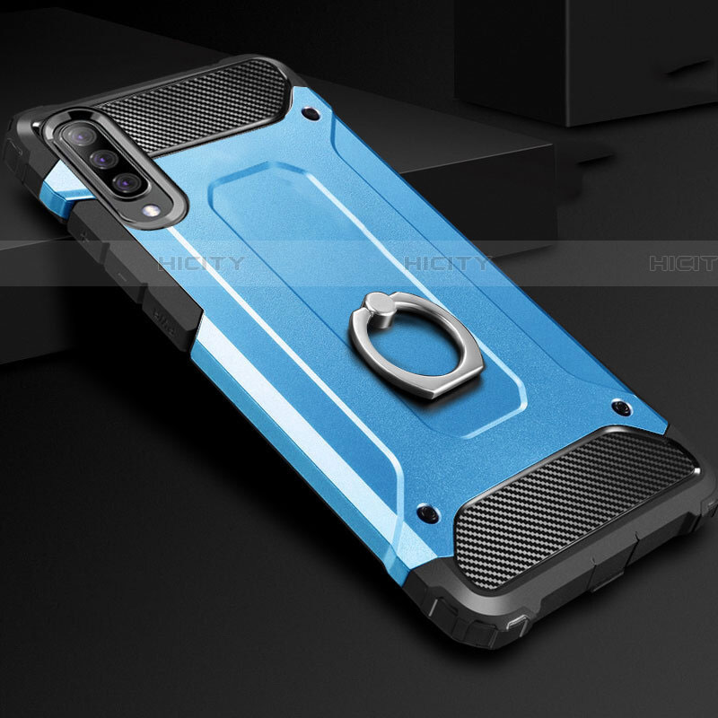 Coque Contour Silicone et Plastique Housse Etui Mat avec Support Bague Anneau H01 pour Samsung Galaxy A90 5G Bleu Ciel Plus