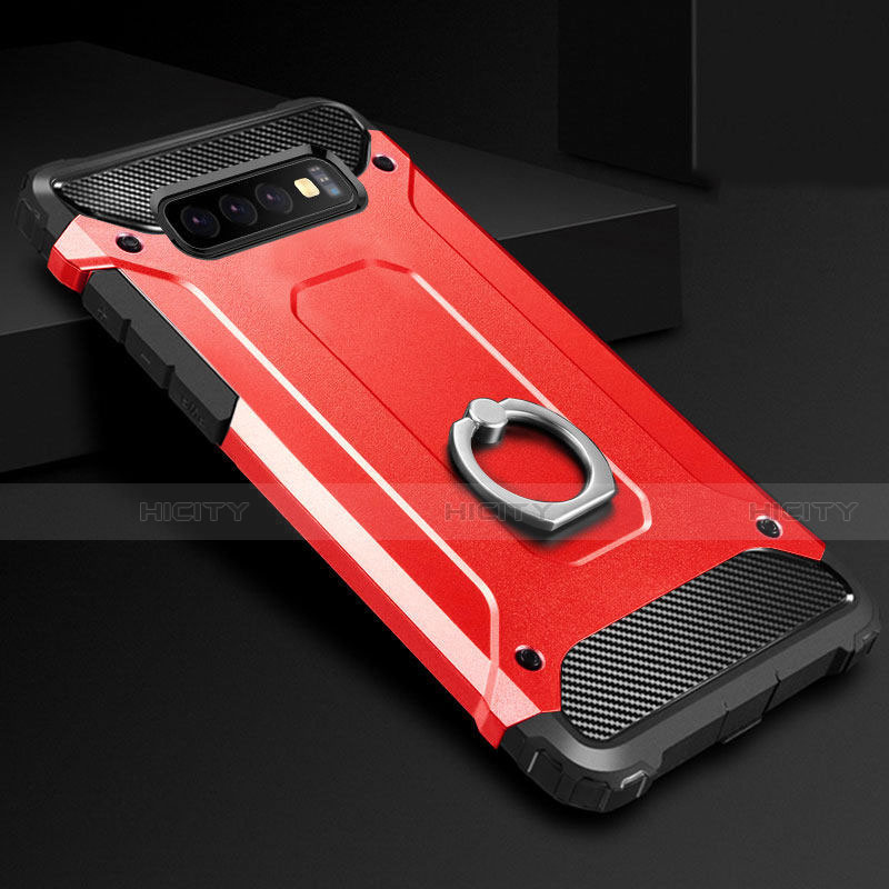 Coque Contour Silicone et Plastique Housse Etui Mat avec Support Bague Anneau H01 pour Samsung Galaxy S10 5G Rouge Plus