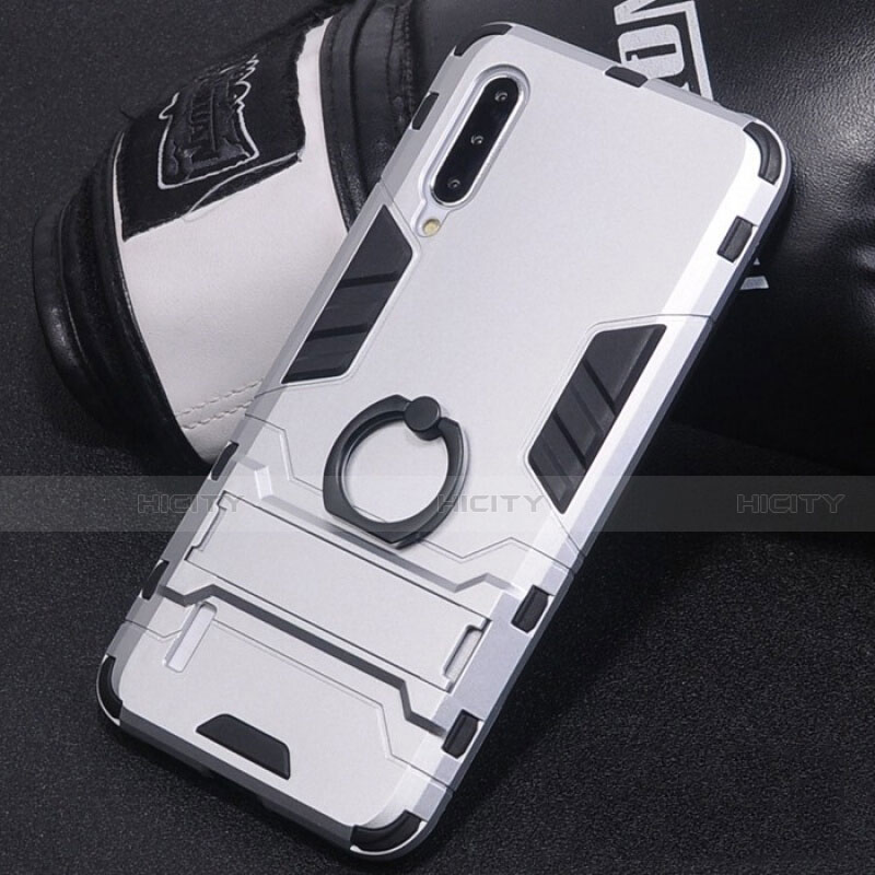 Coque Contour Silicone et Plastique Housse Etui Mat avec Support Bague Anneau H01 pour Xiaomi Mi A3 Argent Plus