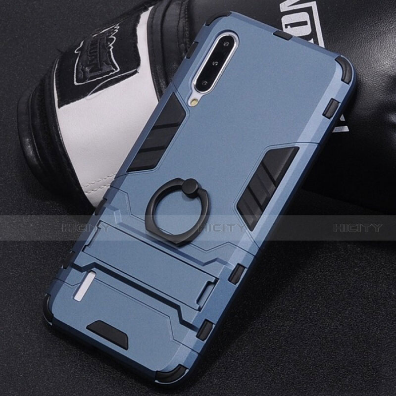 Coque Contour Silicone et Plastique Housse Etui Mat avec Support Bague Anneau H01 pour Xiaomi Mi A3 Bleu Plus