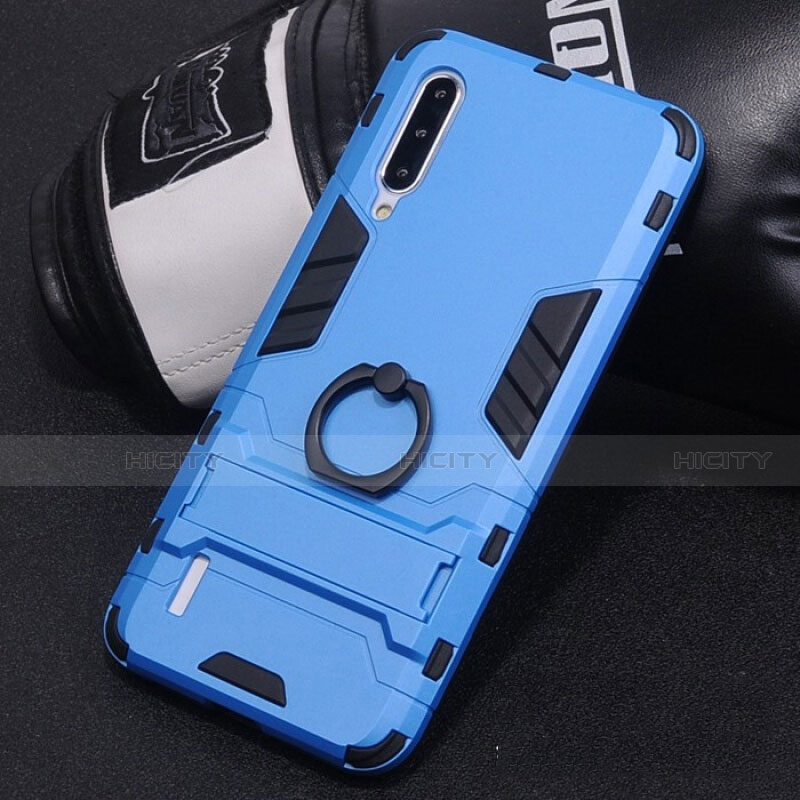 Coque Contour Silicone et Plastique Housse Etui Mat avec Support Bague Anneau H01 pour Xiaomi Mi A3 Bleu Ciel Plus