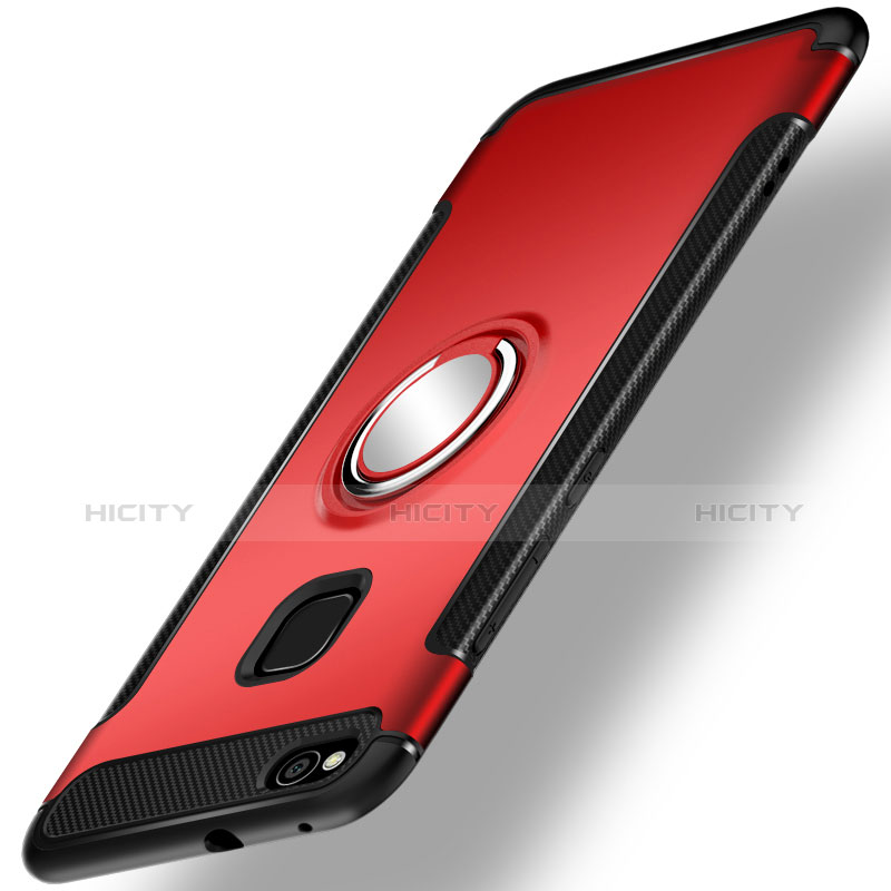 Coque Contour Silicone et Plastique Housse Etui Mat avec Support Bague Anneau pour Huawei GR3 (2017) Rouge Plus