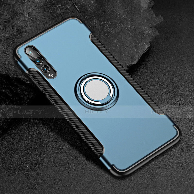 Coque Contour Silicone et Plastique Housse Etui Mat avec Support Bague Anneau pour Huawei P20 Pro Bleu Plus