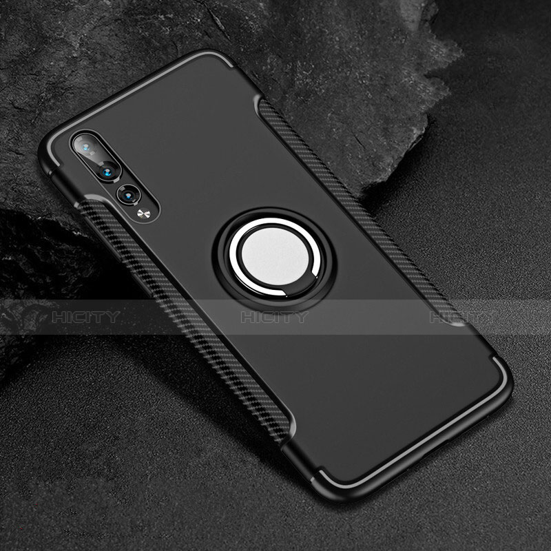 Coque Contour Silicone et Plastique Housse Etui Mat avec Support Bague Anneau pour Huawei P20 Pro Noir Plus