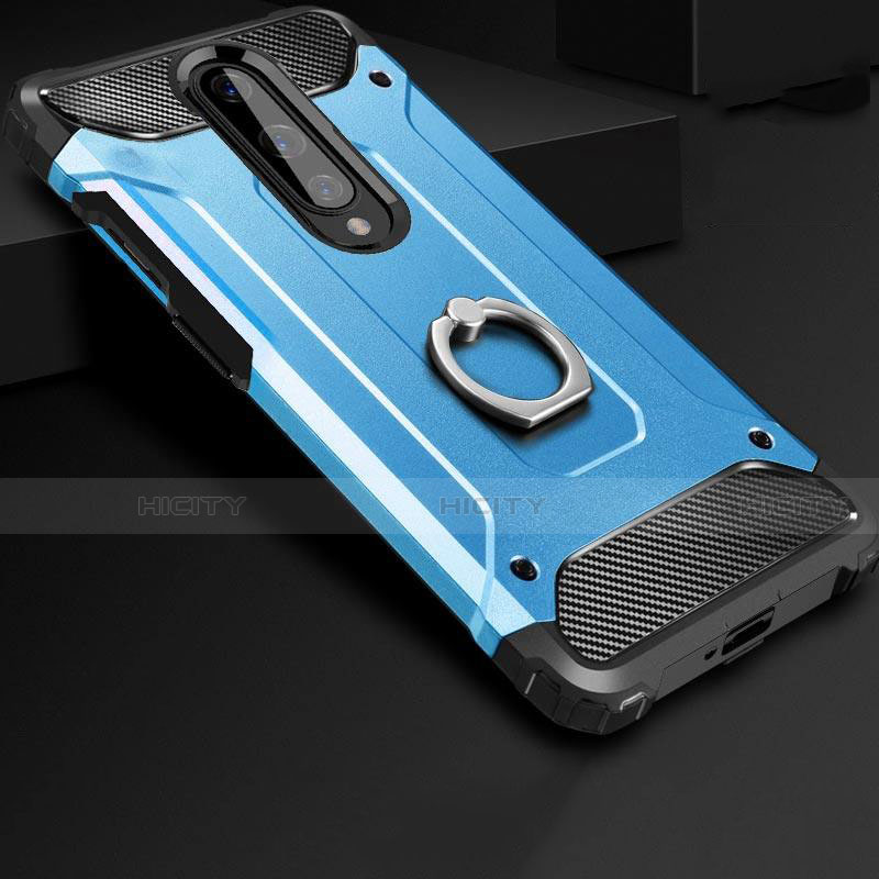 Coque Contour Silicone et Plastique Housse Etui Mat avec Support Bague Anneau pour OnePlus 8 Bleu Plus