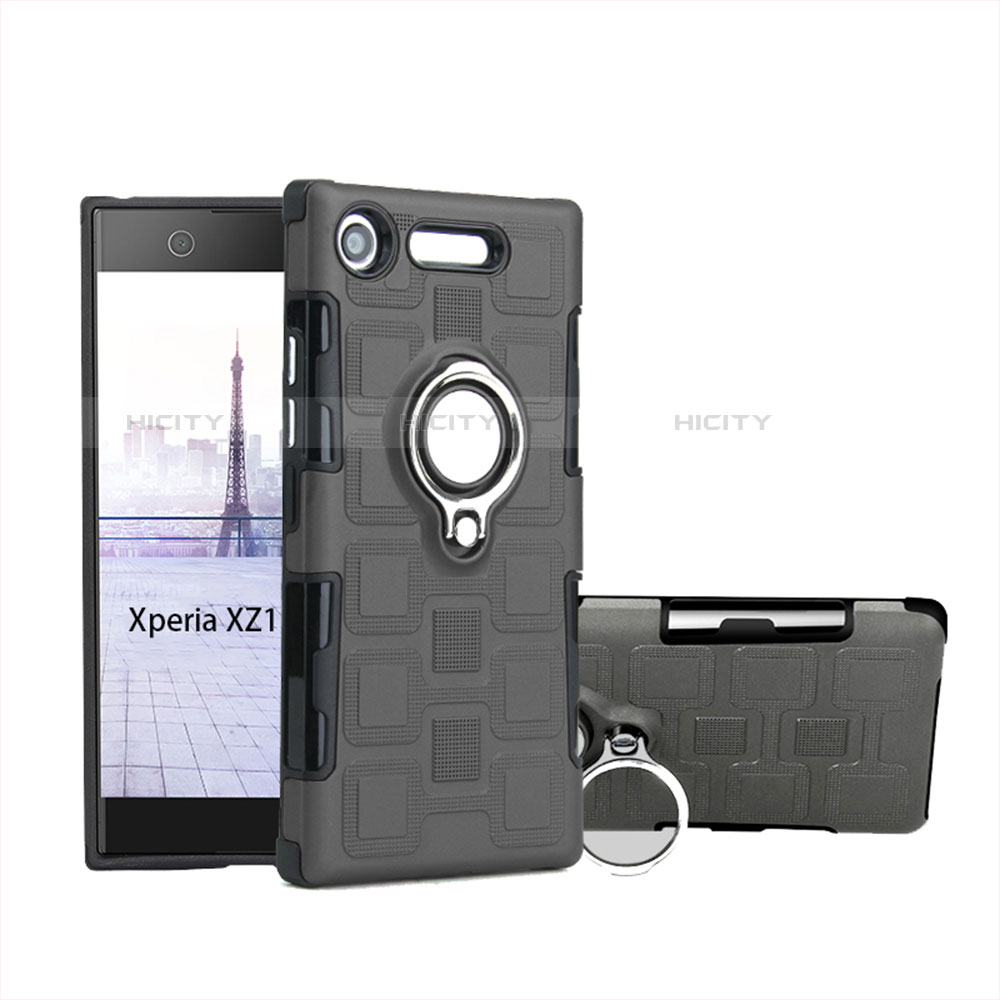 Coque Contour Silicone et Plastique Housse Etui Mat avec Support Bague Anneau pour Sony Xperia XZ1 Compact Gris Plus