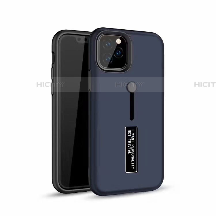 Coque Contour Silicone et Plastique Housse Etui Mat avec Support Bague Anneau S01 pour Apple iPhone 11 Pro Max Bleu Plus