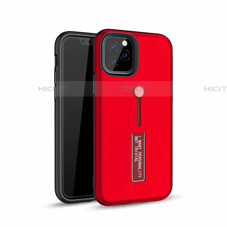 Coque Contour Silicone et Plastique Housse Etui Mat avec Support Bague Anneau S01 pour Apple iPhone 11 Pro Max Rouge Plus