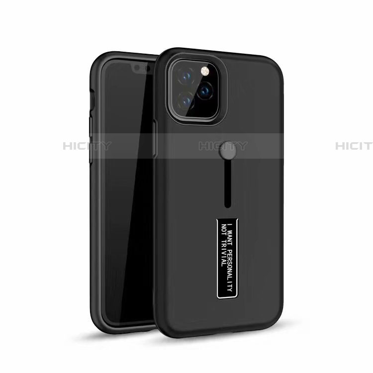 Coque Contour Silicone et Plastique Housse Etui Mat avec Support Bague Anneau S01 pour Apple iPhone 11 Pro Noir Plus