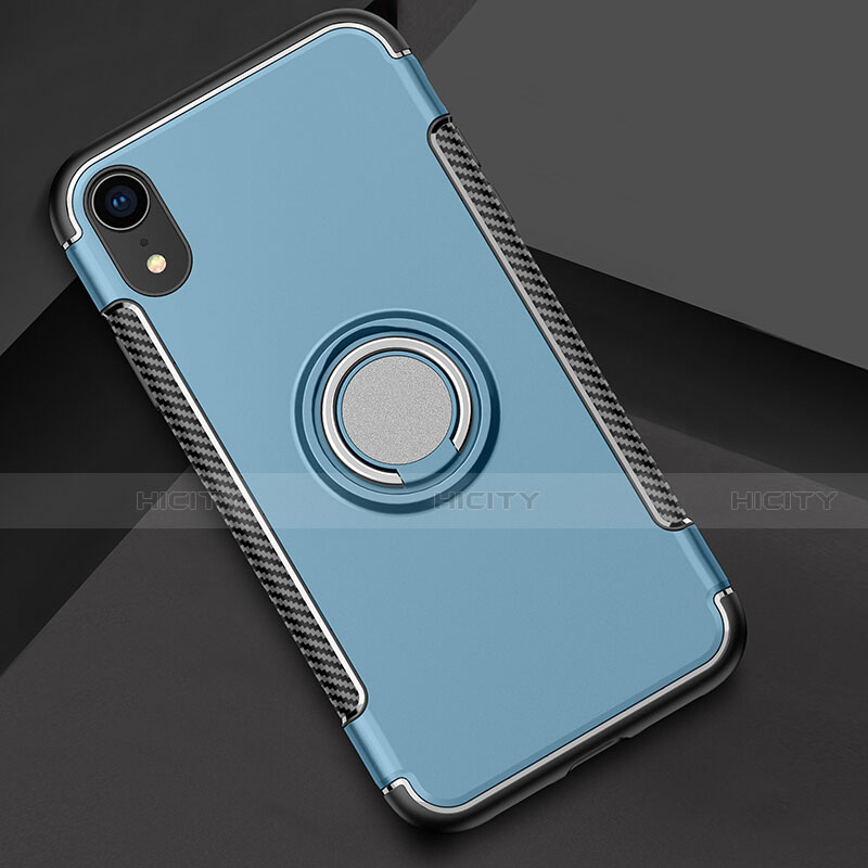 Coque Contour Silicone et Plastique Housse Etui Mat avec Support Bague Anneau S01 pour Apple iPhone XR Bleu Ciel Plus