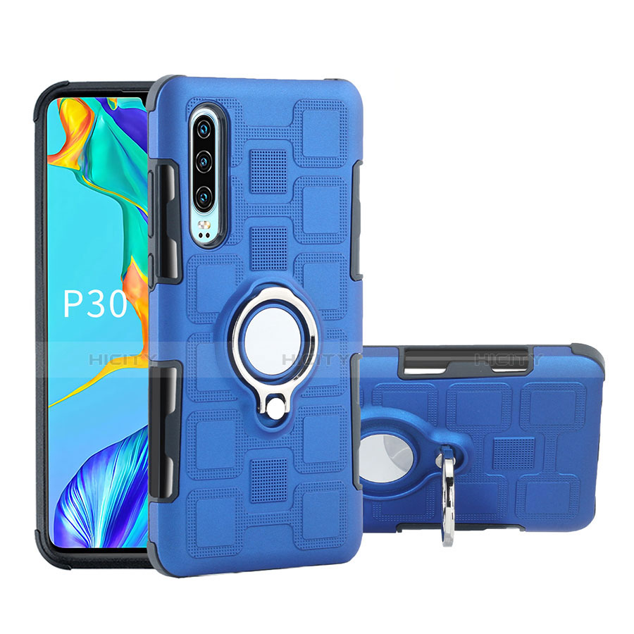 Coque Contour Silicone et Plastique Housse Etui Mat avec Support Bague Anneau S01 pour Huawei P30 Bleu Plus