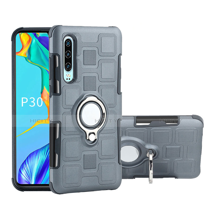 Coque Contour Silicone et Plastique Housse Etui Mat avec Support Bague Anneau S01 pour Huawei P30 Gris Plus