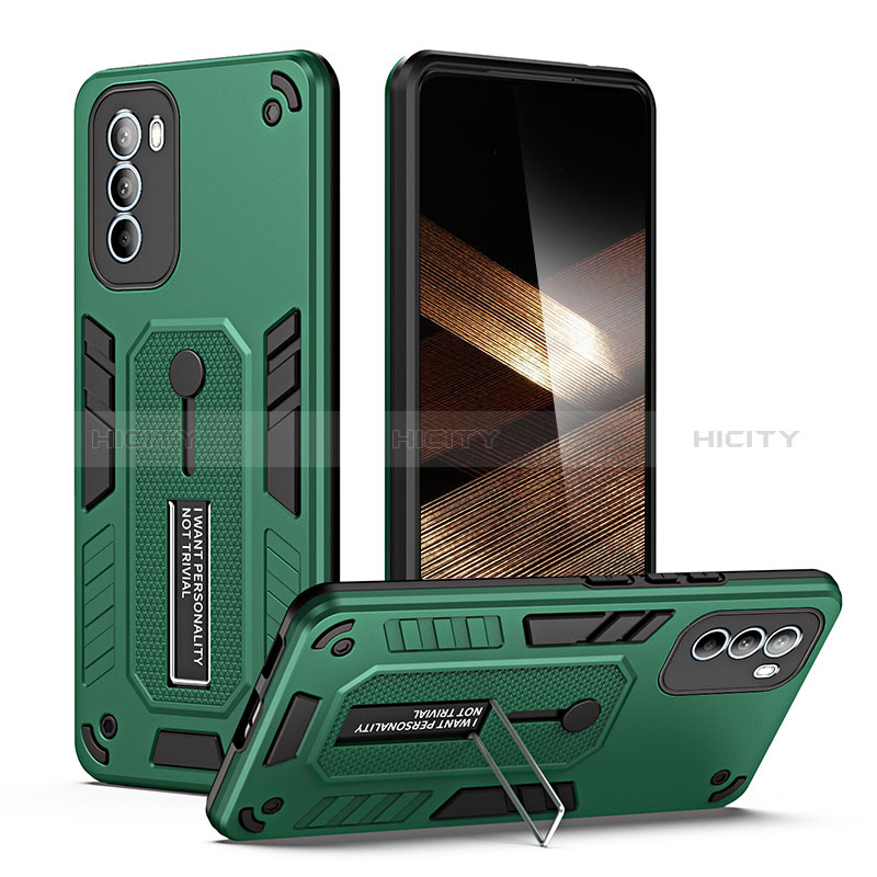 Coque Contour Silicone et Plastique Housse Etui Mat avec Support H01P pour Motorola Moto G31 Vert Plus