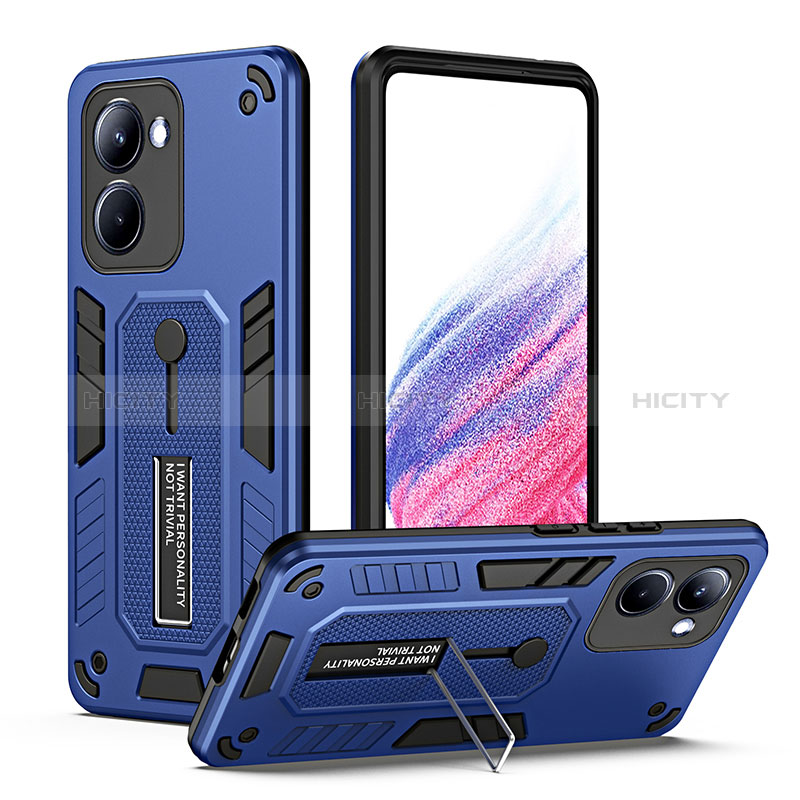 Coque Contour Silicone et Plastique Housse Etui Mat avec Support H01P pour Realme 10 4G Bleu Plus