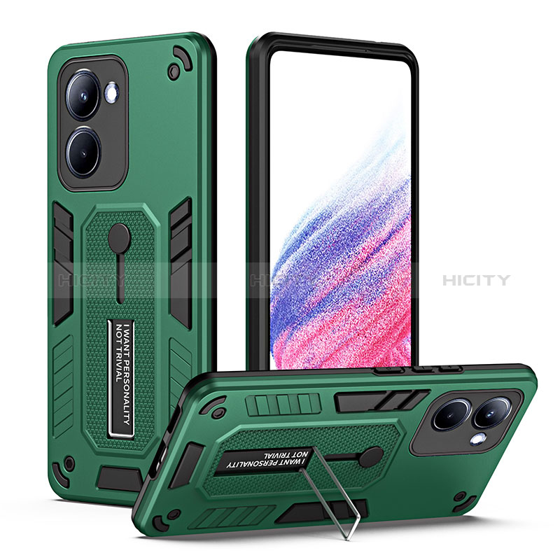 Coque Contour Silicone et Plastique Housse Etui Mat avec Support H01P pour Realme 10 Pro 5G Vert Plus