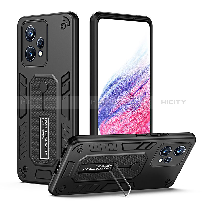 Coque Contour Silicone et Plastique Housse Etui Mat avec Support H01P pour Realme 9 5G Noir Plus