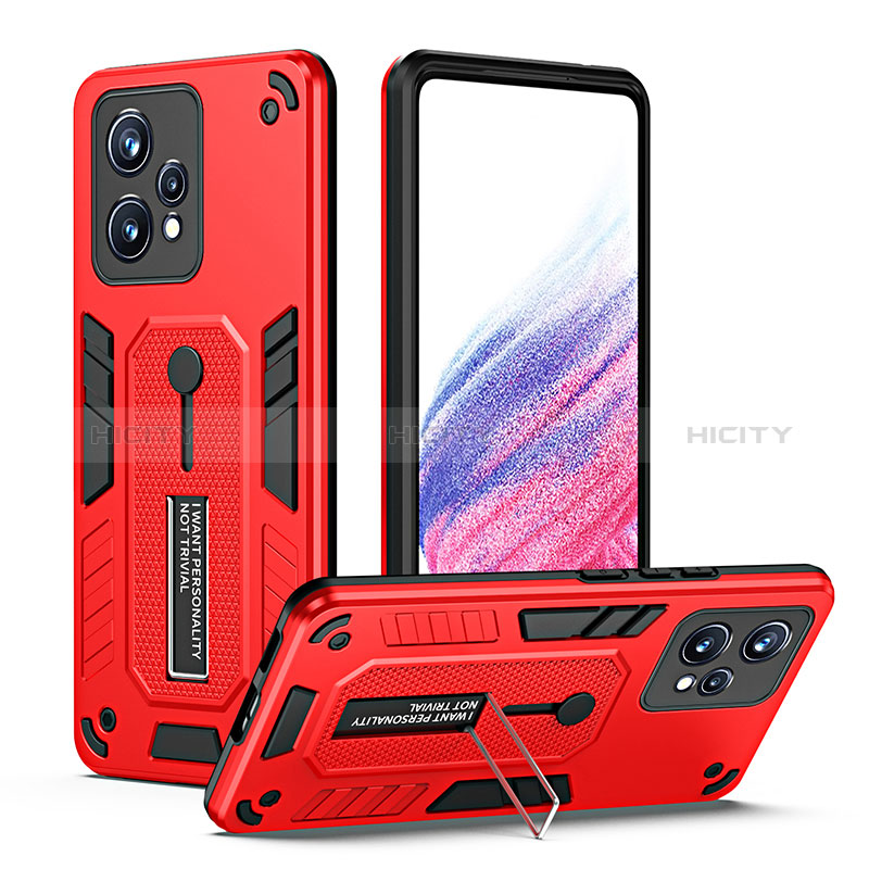 Coque Contour Silicone et Plastique Housse Etui Mat avec Support H01P pour Realme 9 5G Rouge Plus