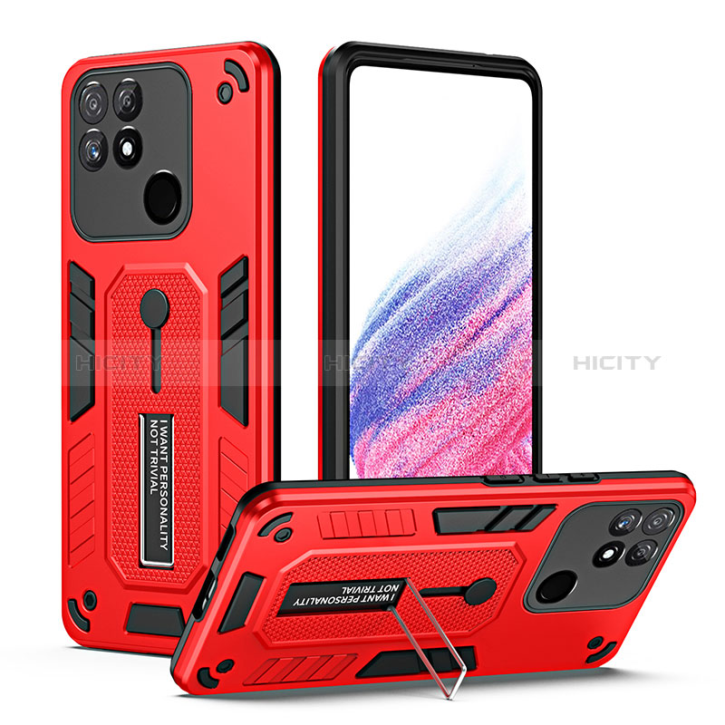 Coque Contour Silicone et Plastique Housse Etui Mat avec Support H01P pour Realme Narzo 50A Rouge Plus