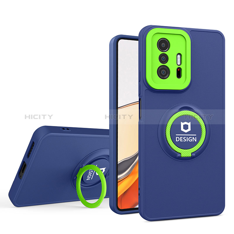 Coque Contour Silicone et Plastique Housse Etui Mat avec Support H01P pour Xiaomi Mi 11T 5G Bleu Plus