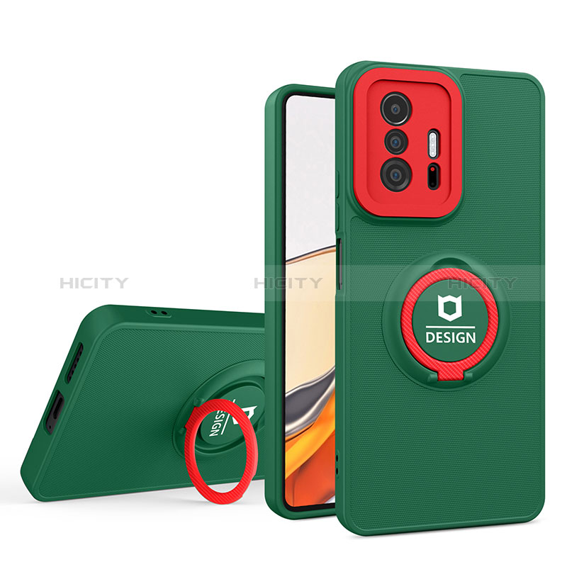 Coque Contour Silicone et Plastique Housse Etui Mat avec Support H01P pour Xiaomi Mi 11T Pro 5G Vert Plus