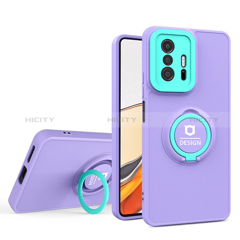 Coque Contour Silicone et Plastique Housse Etui Mat avec Support H01P pour Xiaomi Mi 11T Pro 5G Violet Plus