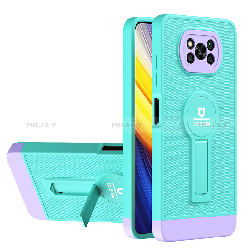 Coque Contour Silicone et Plastique Housse Etui Mat avec Support H01P pour Xiaomi Poco X3 NFC Cyan Plus