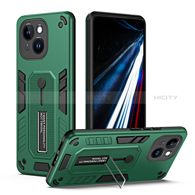 Coque Contour Silicone et Plastique Housse Etui Mat avec Support H01X pour Apple iPhone 15 Plus Vert Plus