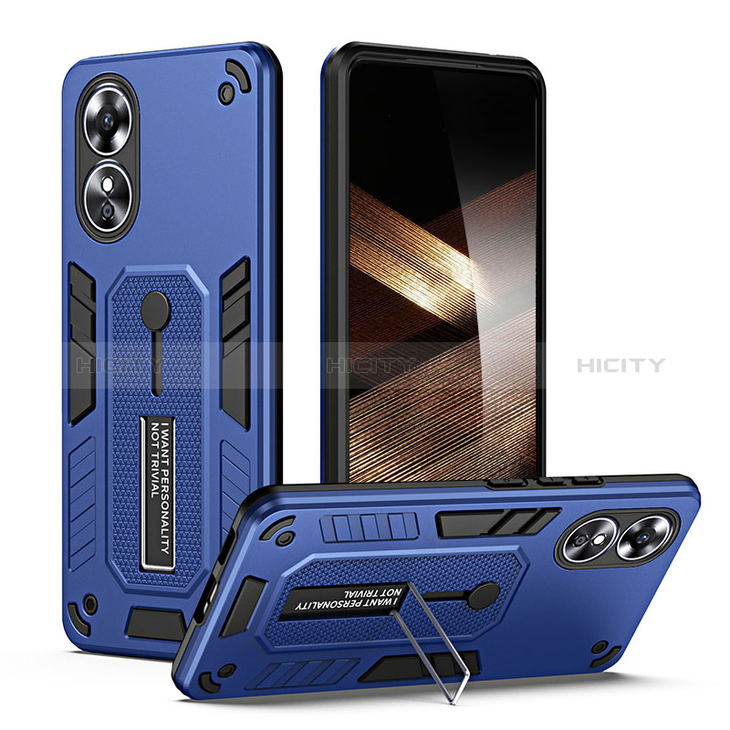 Coque Contour Silicone et Plastique Housse Etui Mat avec Support H02P pour Oppo A17 Bleu Plus