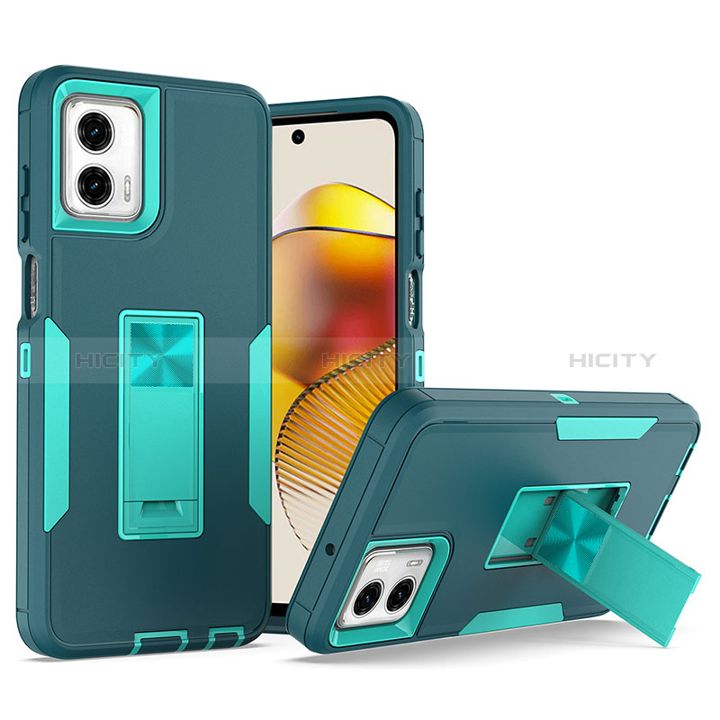 Coque Contour Silicone et Plastique Housse Etui Mat avec Support J01S pour Motorola Moto G Power 5G (2023) Cyan Plus