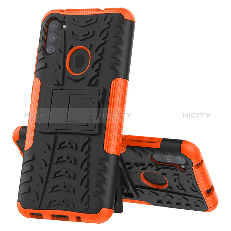 Coque Contour Silicone et Plastique Housse Etui Mat avec Support J01X pour Samsung Galaxy A11 Orange Plus