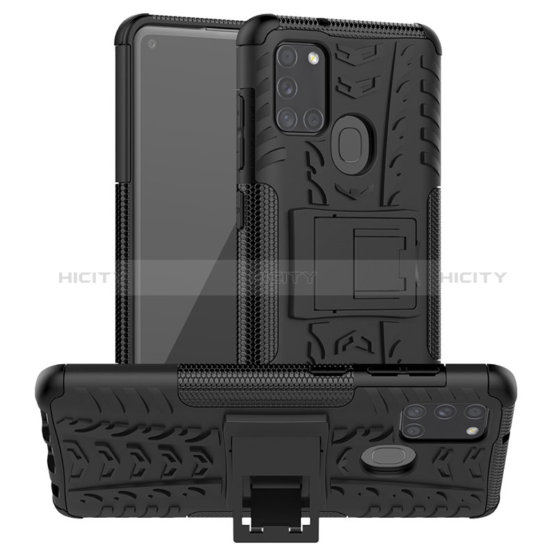 Coque Contour Silicone et Plastique Housse Etui Mat avec Support J01X pour Samsung Galaxy A21s Noir Plus