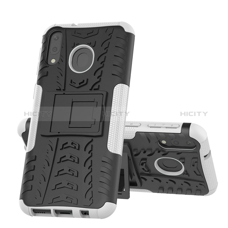 Coque Contour Silicone et Plastique Housse Etui Mat avec Support J01X pour Samsung Galaxy M20 Argent Plus