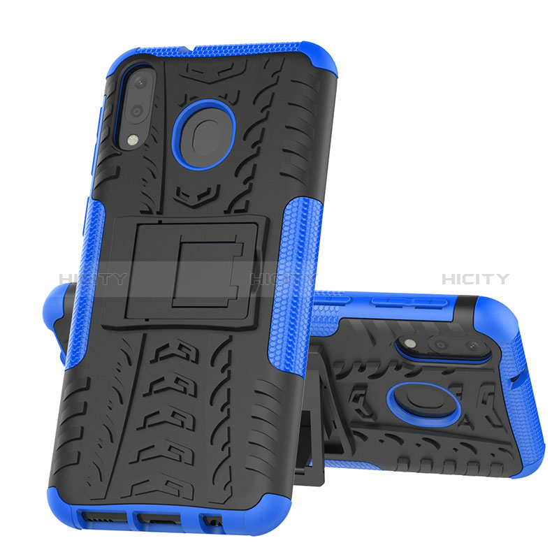 Coque Contour Silicone et Plastique Housse Etui Mat avec Support J01X pour Samsung Galaxy M20 Bleu Plus