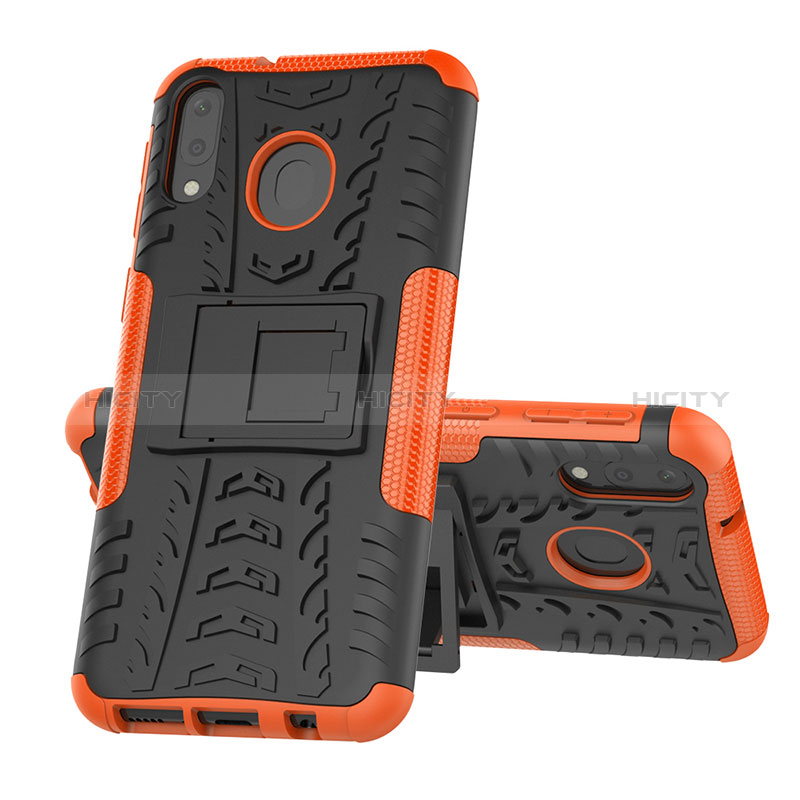 Coque Contour Silicone et Plastique Housse Etui Mat avec Support J01X pour Samsung Galaxy M20 Orange Plus