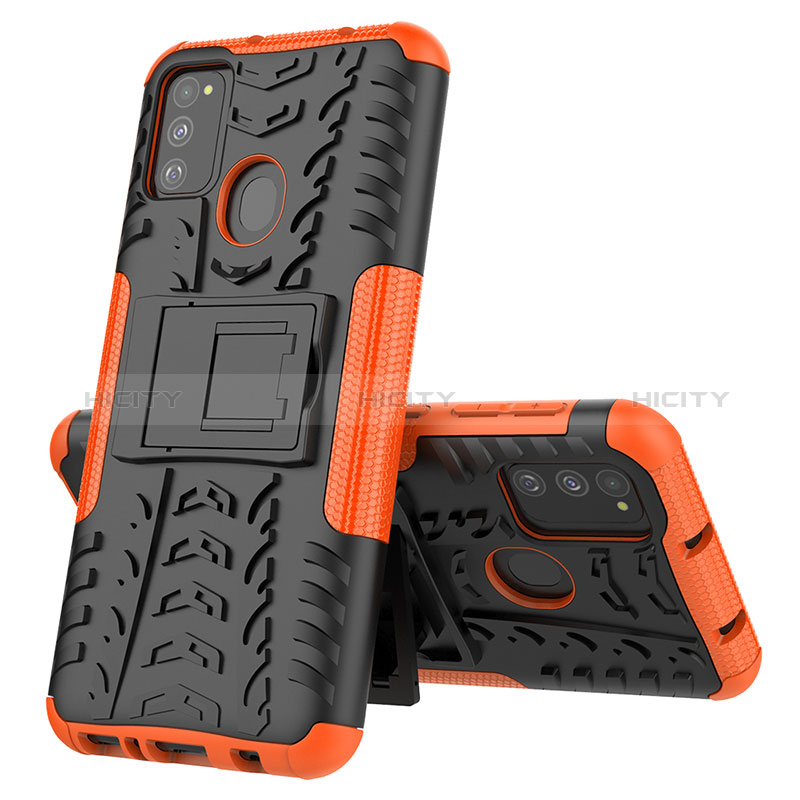 Coque Contour Silicone et Plastique Housse Etui Mat avec Support J01X pour Samsung Galaxy M21 Orange Plus