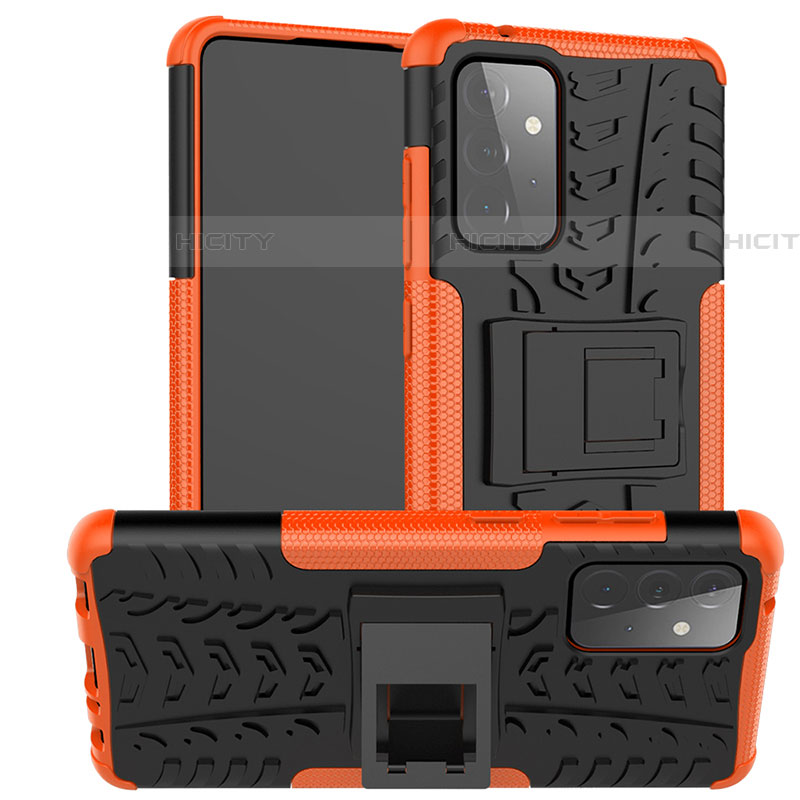 Coque Contour Silicone et Plastique Housse Etui Mat avec Support J02X pour Samsung Galaxy A72 5G Orange Plus