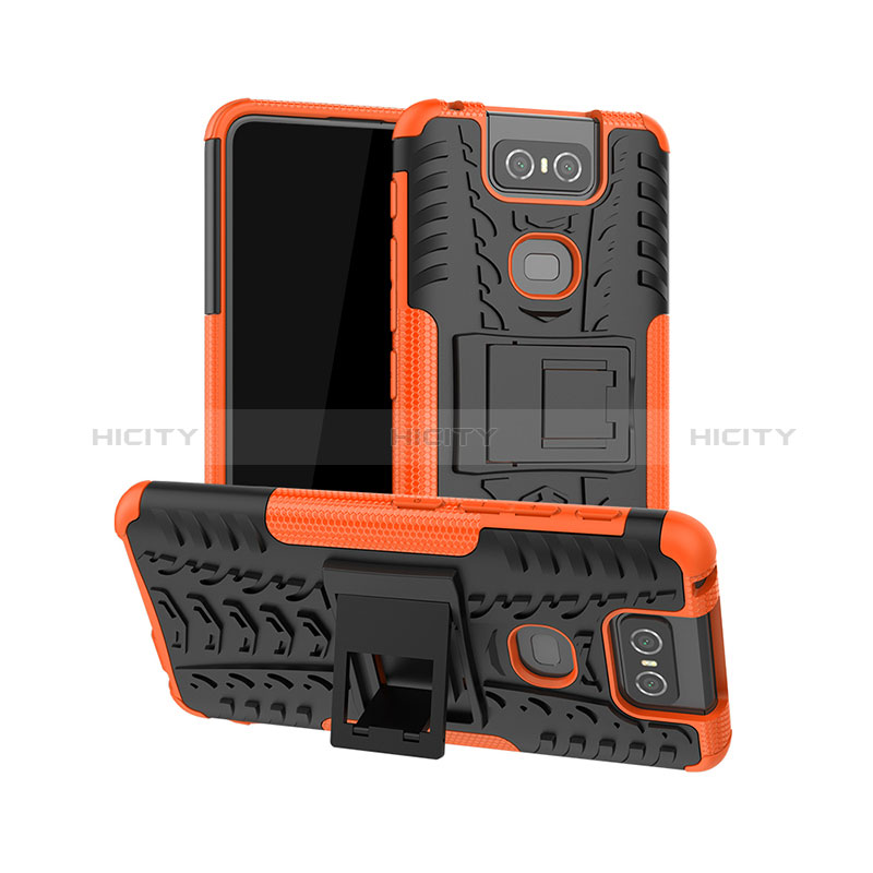 Coque Contour Silicone et Plastique Housse Etui Mat avec Support JX1 pour Asus Zenfone 6 ZS630KL Orange Plus