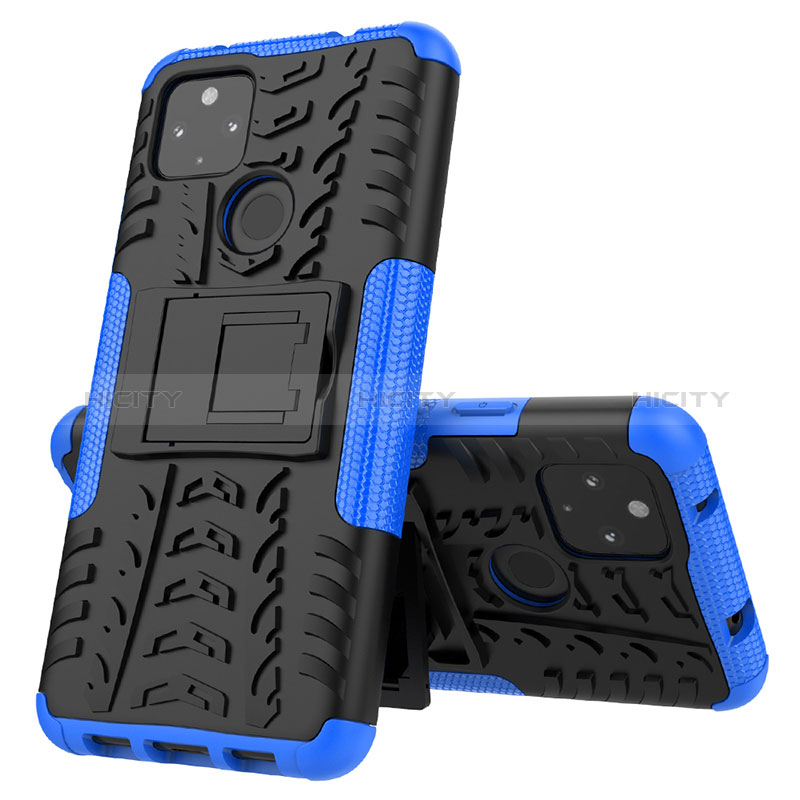 Coque Contour Silicone et Plastique Housse Etui Mat avec Support JX1 pour Google Pixel 4a 5G Bleu Plus